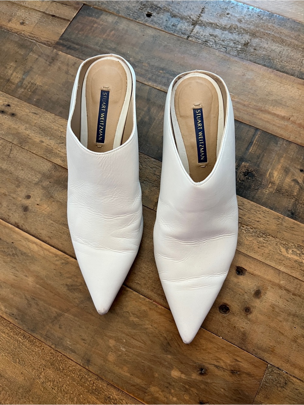 Stuart Weitzman White Pointed Leather Mule Slides
